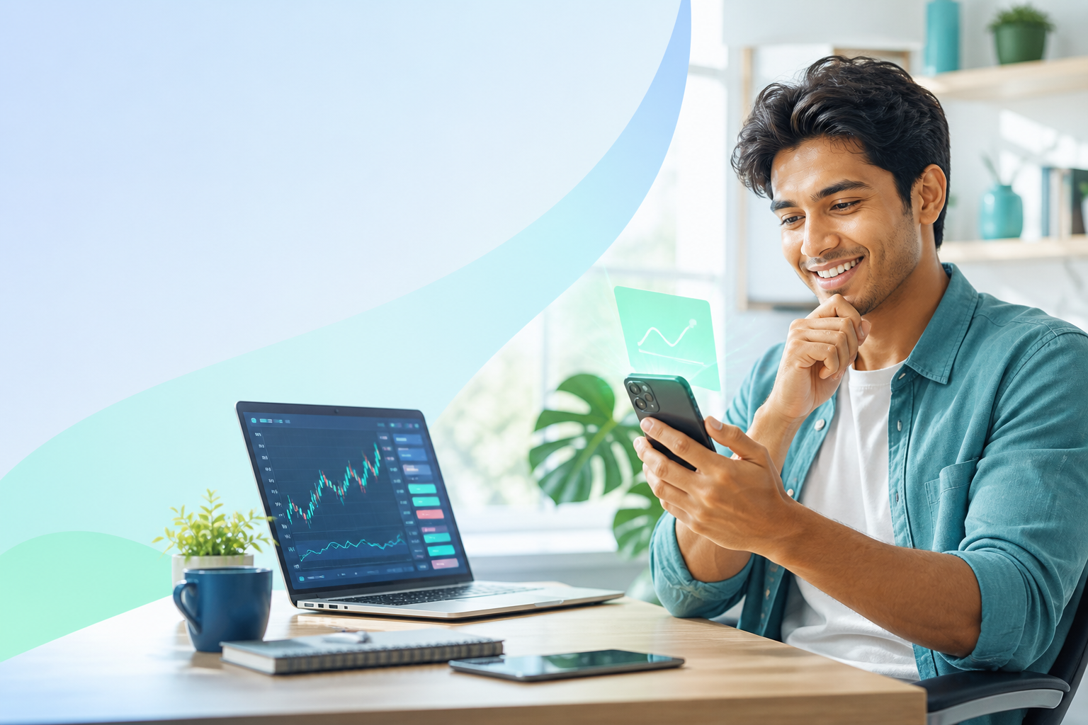 Young investor smiling while finding an options clue on a phone
